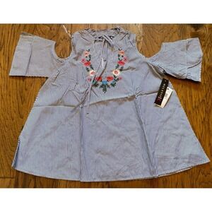 Melanie K Women's Embroidered Floral Front Striped Blouse Black White Tie Neck